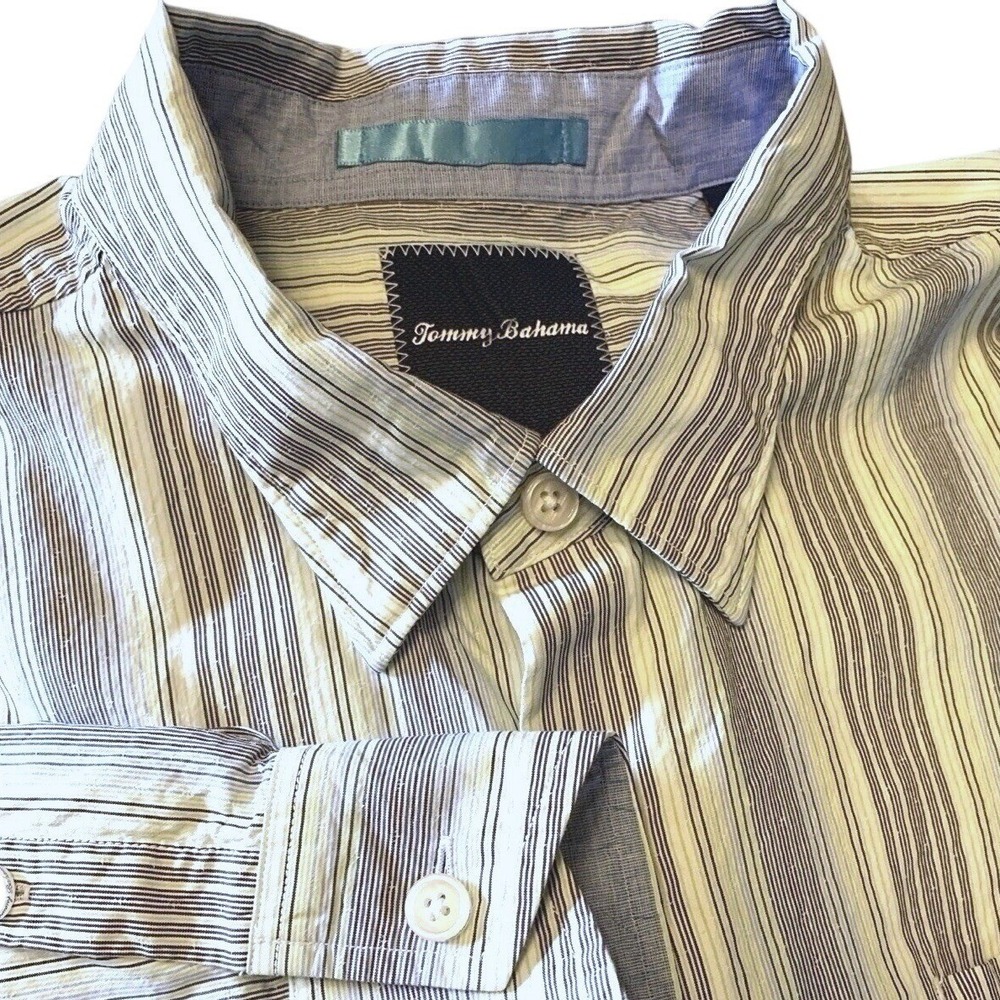 Tommy Bahama 20% Silk XL Long Sleeve Button Up Shirt Striped Camp Beach